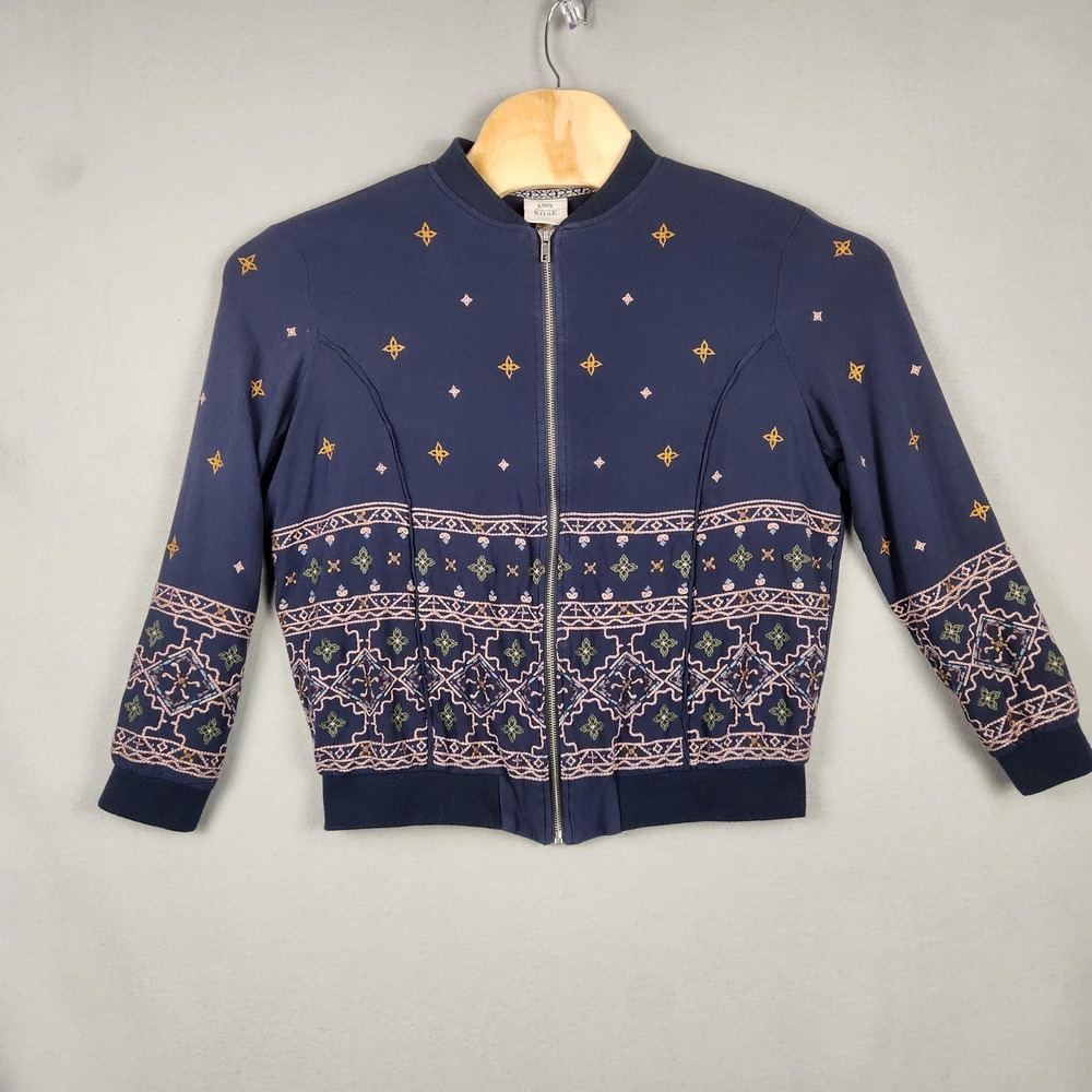 Knox Rose Jacket Womens Large Navy Blue Embroidered Boho Zip Front Lined Bomber